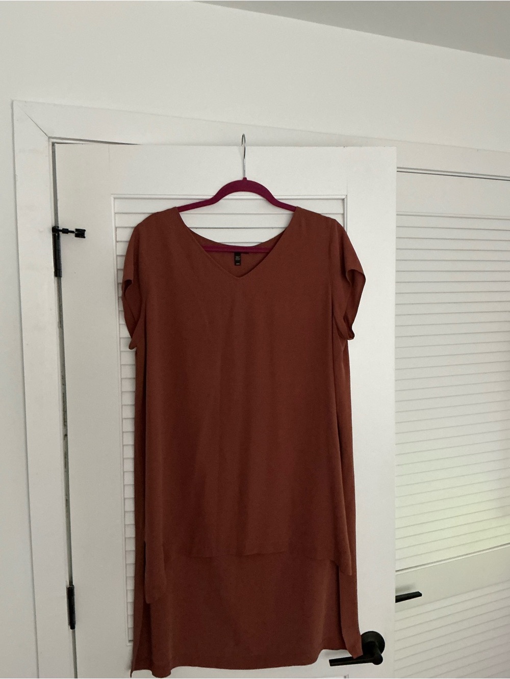 Eileen Fisher Rusty Terracotta V-Neck Shift tunic 100% silk minimalist classy M